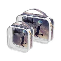 DEHOZO 2 Stück transparente Kulturbeutel, Galaxy-Sport, Basketballspieler, Reise-Make-up-Tasche mit Griff, TSA-zugelassener Kosmetiktaschen-Organizer für Damen und Herren, Handgepäcktasche für von DEHOZO