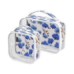 DEHOZO 2 Stück transparente Kulturbeutel, blaue Blume, Orchidee, Kolibri, Reise-Make-up-Tasche mit Griff, TSA-zugelassener Kosmetiktaschen-Organizer für Damen und Herren, Handgepäcktasche für von DEHOZO