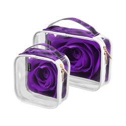DEHOZO 2 Stück transparente Kulturbeutel, lila Blume Rose Valentinstag Reise Make-up Tasche mit Griff, TSA-zugelassene Kosmetiktasche Organizer für Damen und Herren, Handgepäcktasche für von DEHOZO