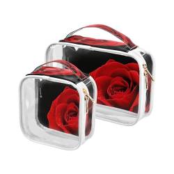 DEHOZO 2 Stück transparente Kulturbeutel, rote Rose, Blume, Valentinstag, Reise-Make-up-Tasche mit Griff, TSA-zugelassener Kosmetiktaschen-Organizer für Damen und Herren, Handgepäcktasche für von DEHOZO