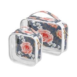 DEHOZO 2 Stück transparente Kulturbeutel, weiße Blumen, Rose, Reise-Make-up-Tasche mit Griff, TSA-zugelassener Kosmetiktaschen-Organizer für Damen und Herren, Handgepäcktasche für Reiseutensilien, von DEHOZO