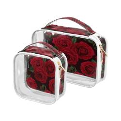 DEHOZO Kulturbeutel, transparent, Vintage-Blumenmuster, rote Rose, Reise-Make-up-Tasche mit Griff, TSA-zugelassener Kosmetiktaschen-Organizer für Damen und Herren, Handgepäcktasche für von DEHOZO