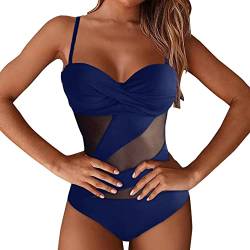 DELAIESI Badeanzug Damen Bauchweg Einteiliger,Badeanzug Damen Figurformend Einteilig Monokini Damen Bauchweg Lace Ohne Träger Gerippt Neopren Badeanzug Damen Damen Badeanzug Push Up (Dark Blue, M) von DELAIESI