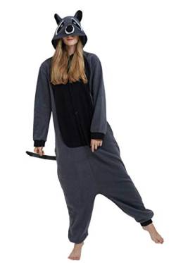 DELEY Grauer Waschbär Pyjama Strampler Tierkostüm Erwachsene Kostüme Damen Einteiliger Herren Overall Halloween Karneval Overall Kapuzenpyjama von DELEY