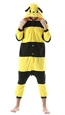 DELEY Pyjamas Onesie Biene Tierkostüm Erwachsene Kostüme Damen Einteiler Herren Jumpsuit Halloween Karneval Overall Kapuze Schlafanzug von DELEY