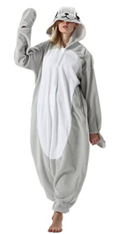 DELEY Pyjamas Onesie Dichtung Tierkostüm Erwachsene Kostüme Damen Einteiler Herren Jumpsuit Halloween Karneval Overall Kapuze Schlafanzug von DELEY