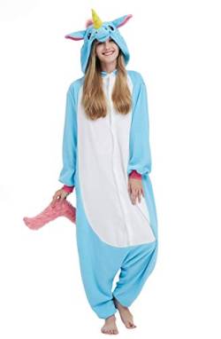 DELEY Pyjamas Onesie Einhorn-blau Tierkostüm Erwachsene Kostüme Damen Einteiler Herren Jumpsuit Halloween Karneval Overall Kapuze Schlafanzug von DELEY