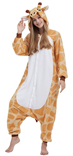 DELEY Pyjamas Onesie Giraffe Tierkostüm Erwachsene Kostüme Damen Einteiler Herren Jumpsuit Halloween Karneval Overall Kapuze Schlafanzug von DELEY