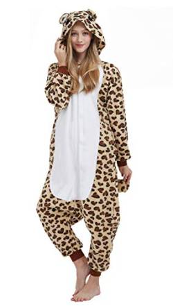 DELEY Pyjamas Onesie Leopardenbär Tierkostüm Erwachsene Kostüme Damen Einteiler Herren Jumpsuit Halloween Karneval Overall Kapuze Schlafanzug von DELEY