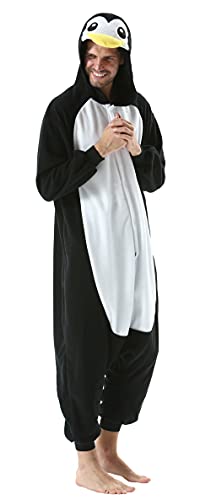 DELEY Pyjamas Onesie Pinguin Tierkostüm Erwachsene Kostüme Damen Einteiler Herren Jumpsuit Halloween Karneval Overall Kapuze Schlafanzug von DELEY