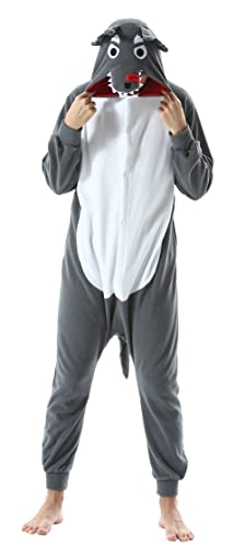 DELEY Pyjamas Onesie Wolf Tierkostüm Erwachsene Kostüme Damen Einteiler Herren Jumpsuit Halloween Karneval Overall Kapuze Schlafanzug von DELEY