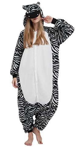 DELEY Pyjamas Onesie Zebra Tierkostüm Erwachsene Kostüme Damen Einteiler Herren Jumpsuit Halloween Karneval Overall Kapuze Schlafanzug von DELEY