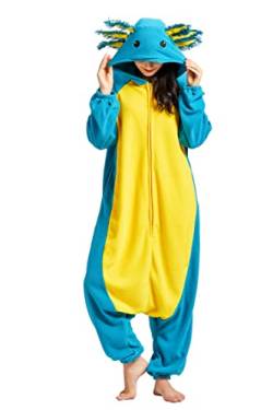 DELEY Unisex Axolotl Strampelanzug Pyjamas Erwachsenes Tier Cosplay Kostüm Plüsch Homewear Nachtwäsche Overall Blau Axolotl von DELEY