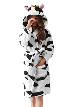 DELEY Unisex Ehepaar Damen Tier Karikatur Coral Fleece Warm Kapuze Bademäntel Morgenmäntel Nachtwäsche Cosplay Kostüm Pyjama Kuh Größe L von DELEY