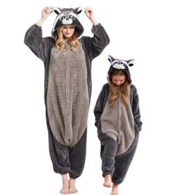 DELEY Unisex Einteiliger Tier Erwachsener Waschbär Strampler, Tierpyjamas Halloween Cosplay Kostüm für Damen und Herren Eltern-Kind Nachtwäsche von DELEY