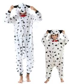 DELEY Unisex Einteiliges Tier Erwachsener Dalmatiner Strampler, Tierpyjamas Halloween Cosplay Kostüm für Damen und Herren Eltern-Kind Nachtwäsche von DELEY