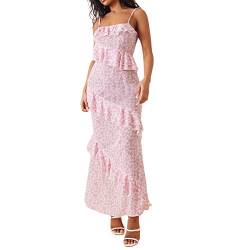 DELIMALI ​Y2k Rüschen Stufened Maxikleid für Frauen Spaghettiträger Kuchen Flowy Langes Kleid Rückenfrei Boho V-Ausschnitt Party Cocktailkleider, B-Rosa, Small von DELIMALI