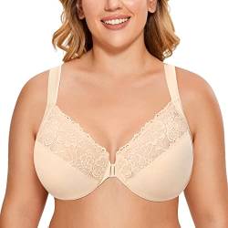 DELIMIRA Damen BH mit Vorderverschluss Bügel Spitzen BHS Große Brüste Soft Vollschalen Ungefüttert Beige 90B von DELIMIRA