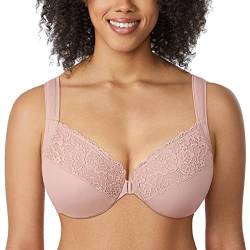 DELIMIRA Damen BH mit Vorderverschluss Bügel Spitzen BHS Große Brüste Soft Vollschalen Ungefüttert Rose rauchte 100C von DELIMIRA