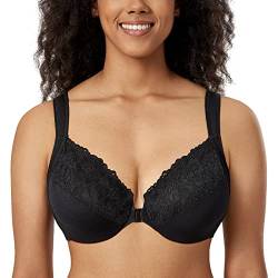 DELIMIRA Damen BH mit Vorderverschluss Bügel Spitzen BHS Große Brüste Soft Vollschalen Ungefüttert Schwarz 90G von DELIMIRA