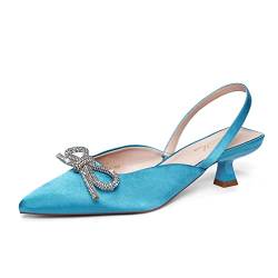 DELONIX REGIA Blaue Kitten Heel Pumps 5CM Elegant für Hochzeit, Abschlussball, Kleid mit Slingback & Rhinestone Bow,Blau 40.5 EU von DELONIX REGIA