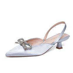 DELONIX REGIA Kitten Heel Pumps 5CM Elegant für Hochzeit, Abschlussball, Kleid mit Slingback & Rhinestone Bow,Silber 37 EU von DELONIX REGIA