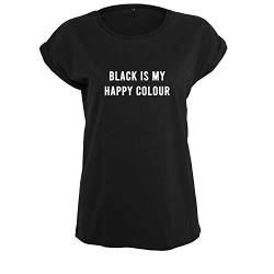 Black is My Happy Colour Damen Sommer Rundhals Top tailliertes Shirt mit Spruch (431-B21-Schwarz-M) von DELUNO