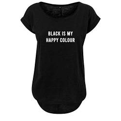 Black is My Happy Colour Design Frauen t Shirt Bedruckt mit Statement Print Lang Oversize Kurzarm Top Neu Women lässig Sommer S Schwarz (B36-431-S-Schwarz) von DELUNO