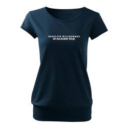 DELUNO Herzlich willkommen im falschen Film Frauen T Shirt mit Spruch und modischem Motiv Bedruckt Oberteil für Ladies XL Navy (City-545-XL-Navy) von DELUNO