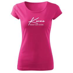 DELUNO Karma regelt Frauen T Shirt mit Spruch handgefärtigt Rundhals Mädchen kurzärmlig Rosa (Pure-543-M-Pink) von DELUNO