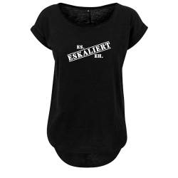 Es eskaliert eh Design Damen Long Back Shaped Tshirt lässiges Shirt mit neuem Print Sommer Top L Schwarz (B36-211-3-L-Schwarz) von DELUNO