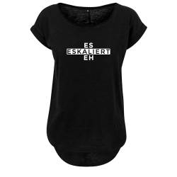 Es eskaliert eh Design Damen Sommer Rundhals Top Oversize Shirt mit Spruch Neu M Schwarz (B36-209-1-M-Schwarz) von DELUNO