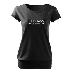 Ich Hasse Menschen Damen Long Back Shaped Tshirt lässiges Shirt mit Print Sommer Top (437 City Schwarz L) von DELUNO