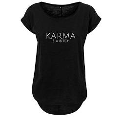 Karma is a Design Damen Long Back Shaped Tshirt lässiges Shirt mit neuem Print Sommer Top L Schwarz (B36-425-L-Schwarz) von DELUNO