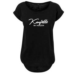 Konfetti im Herzen Design Damen Long Back Shaped Tshirt lässiges Shirt mit neuem Print Sommer Top L Schwarz (B36-213-2-L-Schwarz) von DELUNO