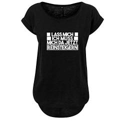 Lass Mich ich muss Mich da Reinsteigern Damen Sommer Rundhals Top Oversize Shirt mit Spruch (352 B36 Schwarz M) von DELUNO