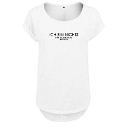 Vokuhila Oversize Damen T-Shirt: Ich Bin Nichts für schwache Nerven - Hinten länger, 100% Baumwolle - Farbe: Weiß - Größe: L von DELUNO