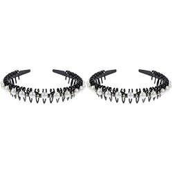 3er-Pack Perlen-Stirnband, breites Perlen-Haarband, Kristall-Tiara-Haarband, breites Band, Haarreifen, Kamm, Haarband, Perlen mit (Color : Blackx2pcs, Size : 15X13X2.5CMx2pcs) von DELURA