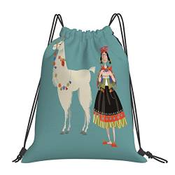 Rucksack mit Kordelzug,, Lama-peruanische Frau, die mit einem weißen Alpaka strickt, das mit Blumen-bunter Illustratio,Kordelzug-Sackpack für Sport, Yoga, Reisen, Cinch-Tasche mit Reißverschlusstasche von DELURA