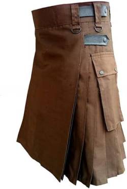 Schottische Utility-Kilts for Herren, Vintage-Gothic-Faltenröcke, Vintage-Schottische Kendo-Taschen-Schottische Kleidung/260 (Color : Brown, Size : XX-Large) von DELURA
