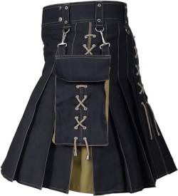 Schottische Utility-Kilts for Herren, Vintage-Gothic-Faltenröcke, Vintage-Schottische Kendo-Taschen-Schottische Kleidung/260 (Color : X-001-khaki, Size : Large) von DELURA