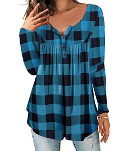 DEMO SHOW Damen Tunika Top Locker Langarm V Ausschnitt Knopfleiste Plissiert Floral Henley Shirt Bluse T Shirt (Kariert blau, XL) von DEMO SHOW