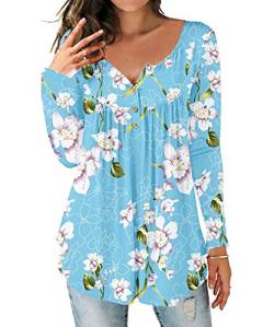 DEMO SHOW Damen Tunika Top Locker Langarm V Ausschnitt Knopfleiste Plissiert Floral Henley Shirt Bluse T Shirt (Langarm-Blau, XL) von DEMO SHOW