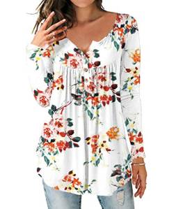 DEMO SHOW Damen Tunika Top Locker Langarm V Ausschnitt Knopfleiste Plissiert Floral Henley Shirt Bluse T Shirt (Langarm-Floral weiß, 2XL) von DEMO SHOW