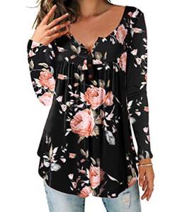 DEMO SHOW Damen Tunika Top Locker Langarm V Ausschnitt Knopfleiste Plissiert Floral Henley Shirt Bluse T Shirt (Schwarz, XL) von DEMO SHOW