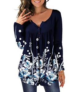 DEMO Tunika Damen Blumen Tops Langarm Henley V Ausschnitt Knopfleiste Plissiert Bluse T Shirt Oberteil (Navy Blau, M) von DEMO