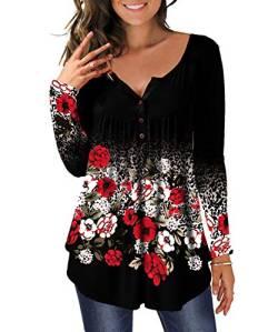 DEMO Tunika Damen Blumen Tops Langarm Henley V Ausschnitt Knopfleiste Plissiert Bluse T Shirt Oberteil (Schwarz + Floral Rot, XL) von DEMO