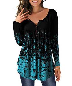 DEMO Tunika Damen Blumen Tops Langarm Henley V Ausschnitt Knopfleiste Plissiert Bluse T Shirt Oberteil (Schwarz + Klein Floral Blau, S) von DEMO