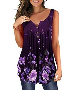 DEMO Tunika Damen Blumen Tops V Ausschnitt Kurzarm Knopfleiste Plissiert Bluse T Shirt Oberteil (Ärmellos-Lila, M) von DEMO