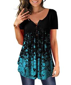 DEMO Tunika Damen Blumen Tops V Ausschnitt Kurzarm Knopfleiste Plissiert Bluse T Shirt Oberteil (Kurz-Klein Floral Blau, L) von DEMO